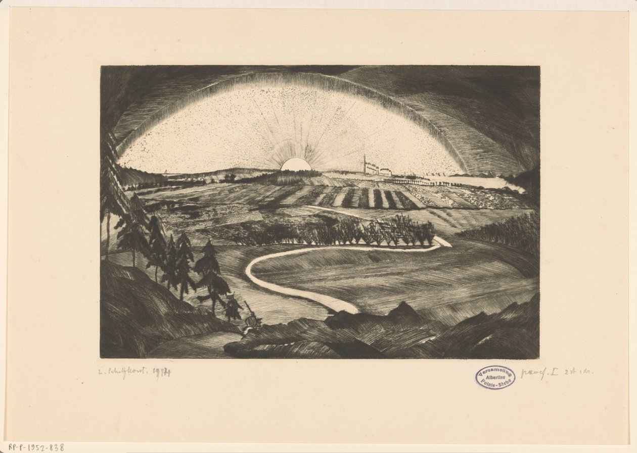 Opgaande of ondergaande zon boven een heuvellandschap door Lodewijk Schelfhout (signed by artist)