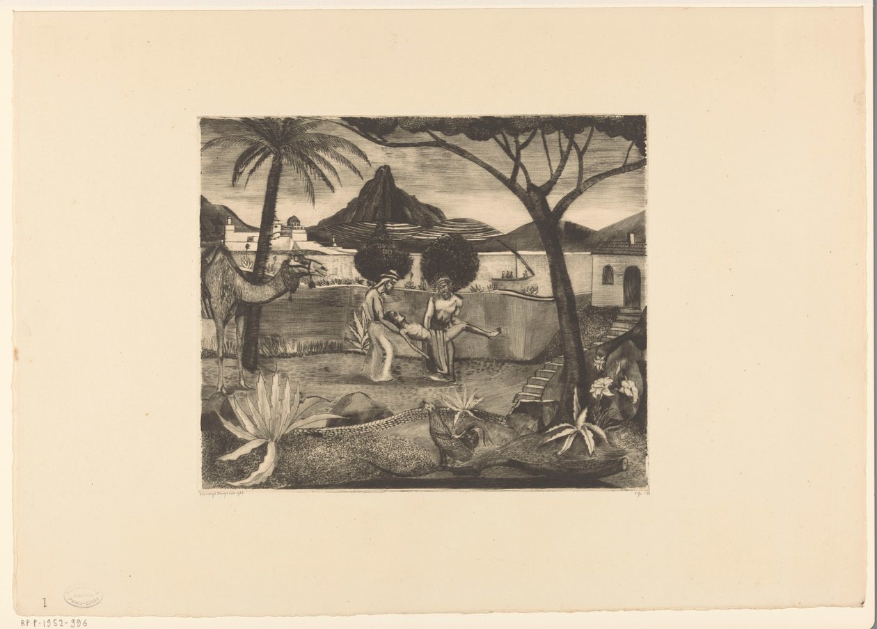 Twee mannen die in een tuin een man dragen door Lodewijk Schelfhout (signed by artist)