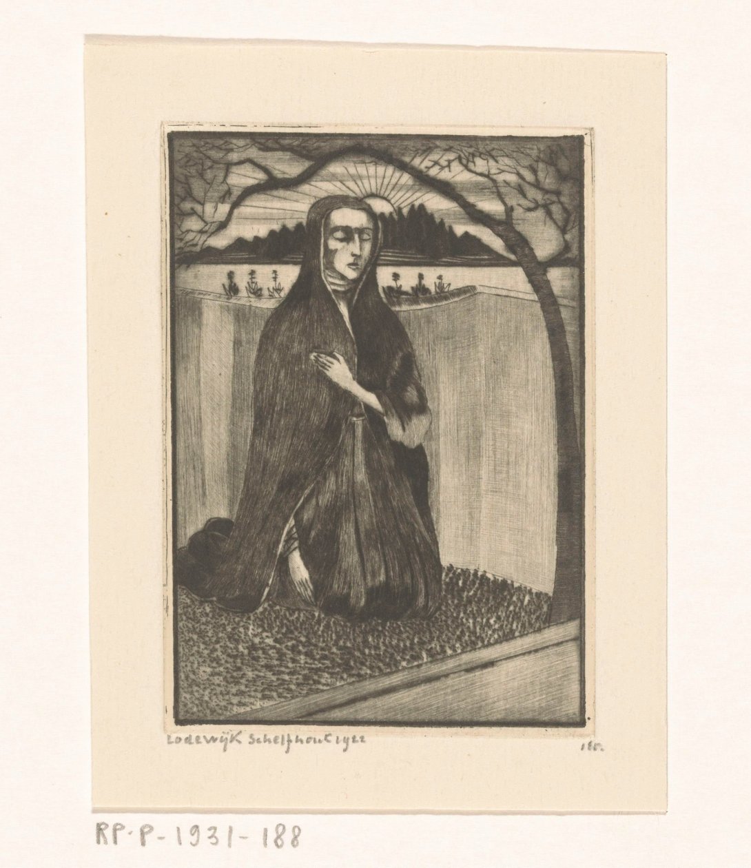Vrouw bij een tombe door Lodewijk Schelfhout (signed by artist)