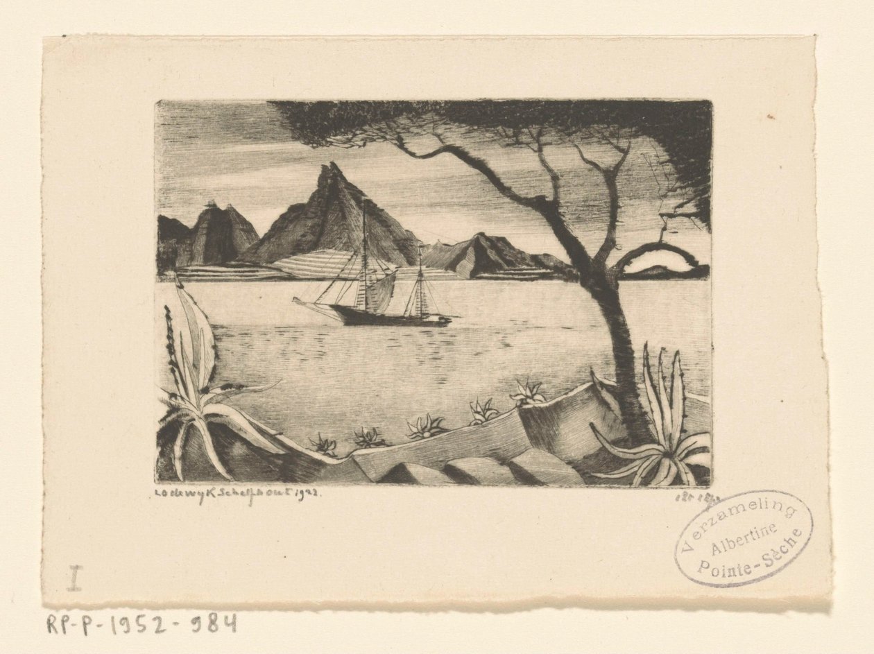 Zeilschip in een baai door Lodewijk Schelfhout (signed by artist)
