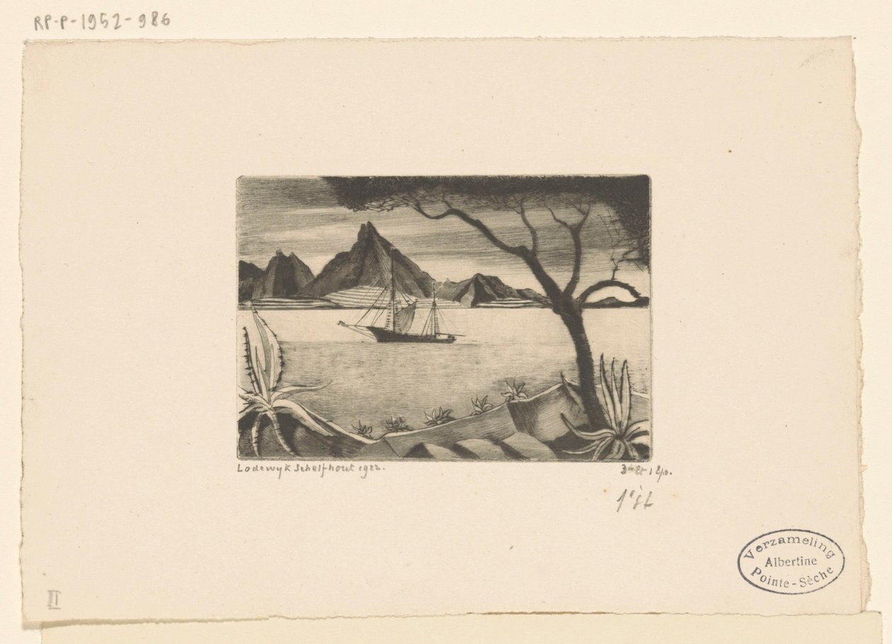 Zeilschip in een baai door Lodewijk Schelfhout (signed by artist)
