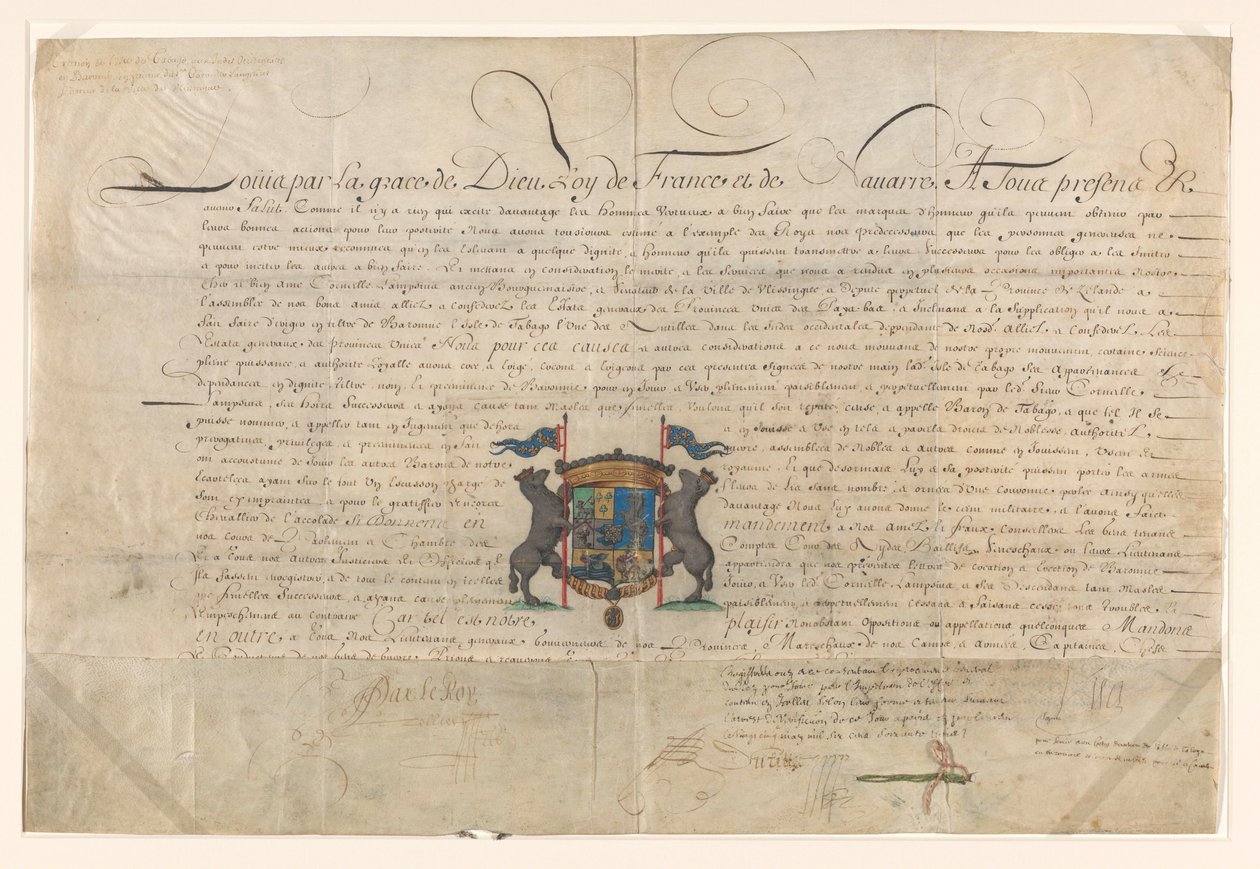 Diploma waarbij Lodewijk XIV Cornelis Lampsins verhief tot baron van Tobago en ridder van de Orde van St. Michel door Lodewijk XIV (koning van Frankrijk) (signed by artist)