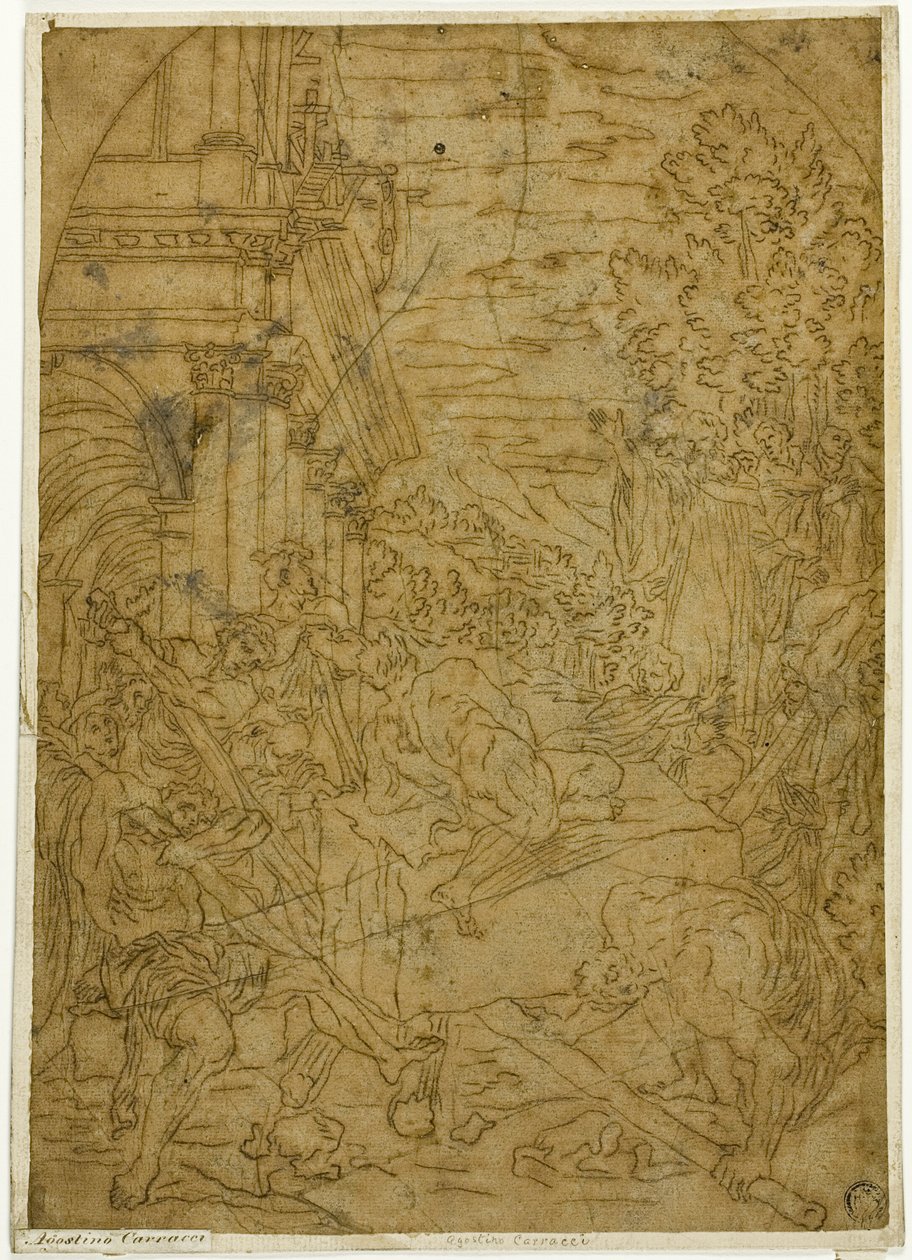 Sint Benedictus beweegt de steen die een demon onbeweeglijk had gemaakt door Lodovico Carracci