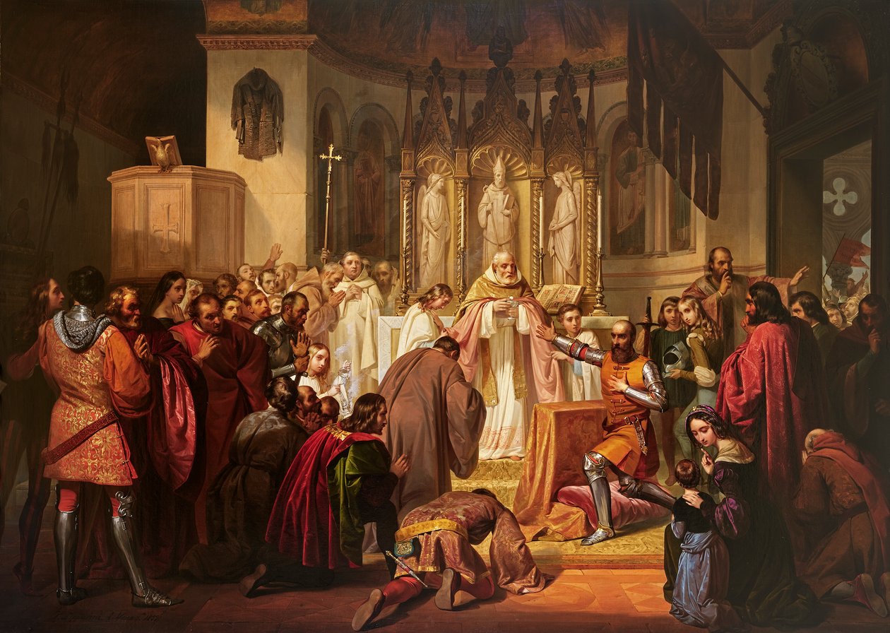 Vittore Pisani ontvangt de heilige communie voordat hij het bevel over een expeditie tegen de Genuezen overneemt door Lodovico Lipparini