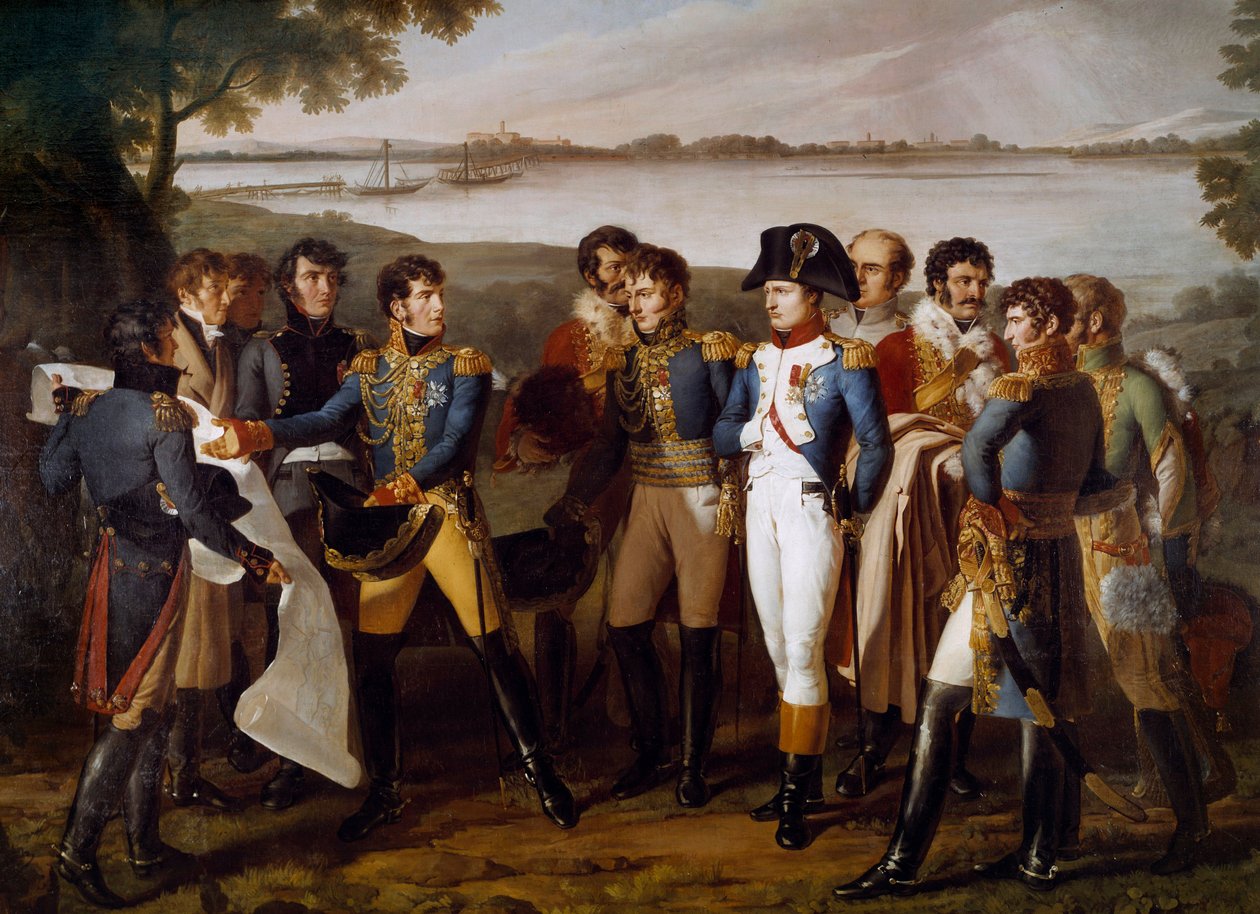Napoleon I gaf opdracht om op 19 mei 1809 een brug over de Donau bij Ebersdorf te leggen. Generaal Henri Gatien Bertrand (1773-1844) presenteert de plannen van de brug om door het eiland Lobau te gaan (detail) door Lodovico Venuti