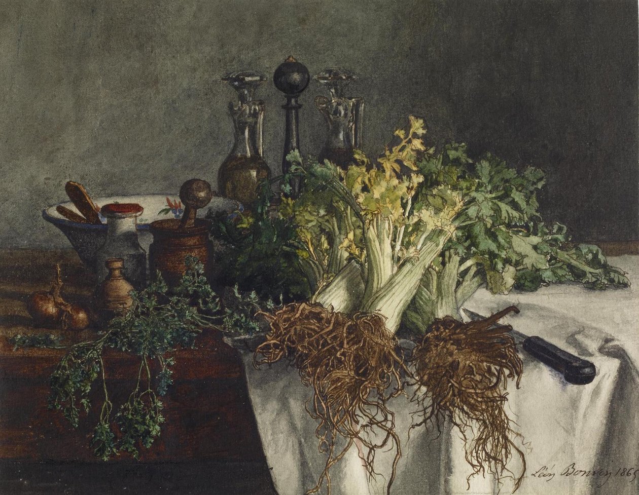 Stilleven op keukentafel met selderij, peterselie, kom en kruiken, 1865 door Léon Bonvin