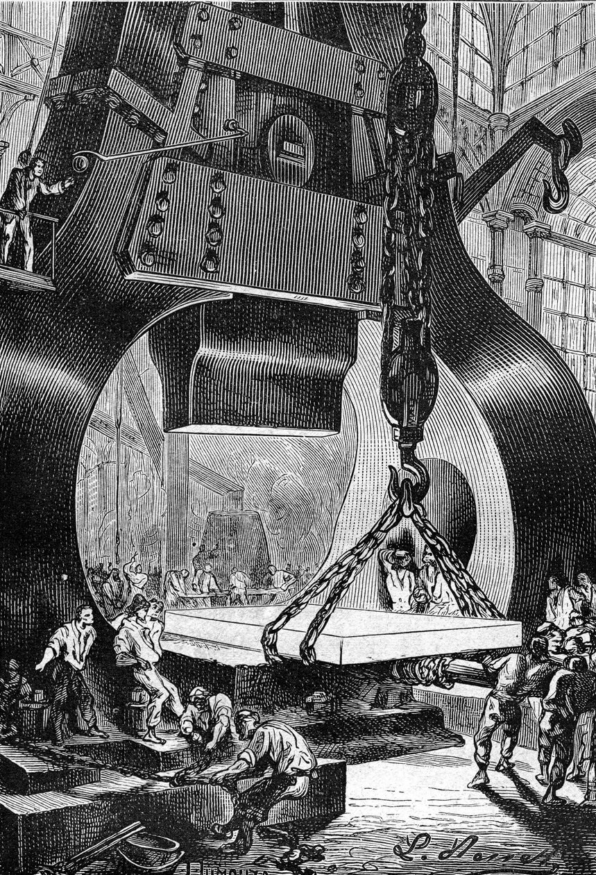 tekening door Leon Benett, uit het boek van Jules Verne “De 500 miljoen van de Begum” - editie Hetzel/Buitengewone Reizen 1879. hamerdrummer (drummer) aan het werk in een staalfabriek. door Léon Benett
