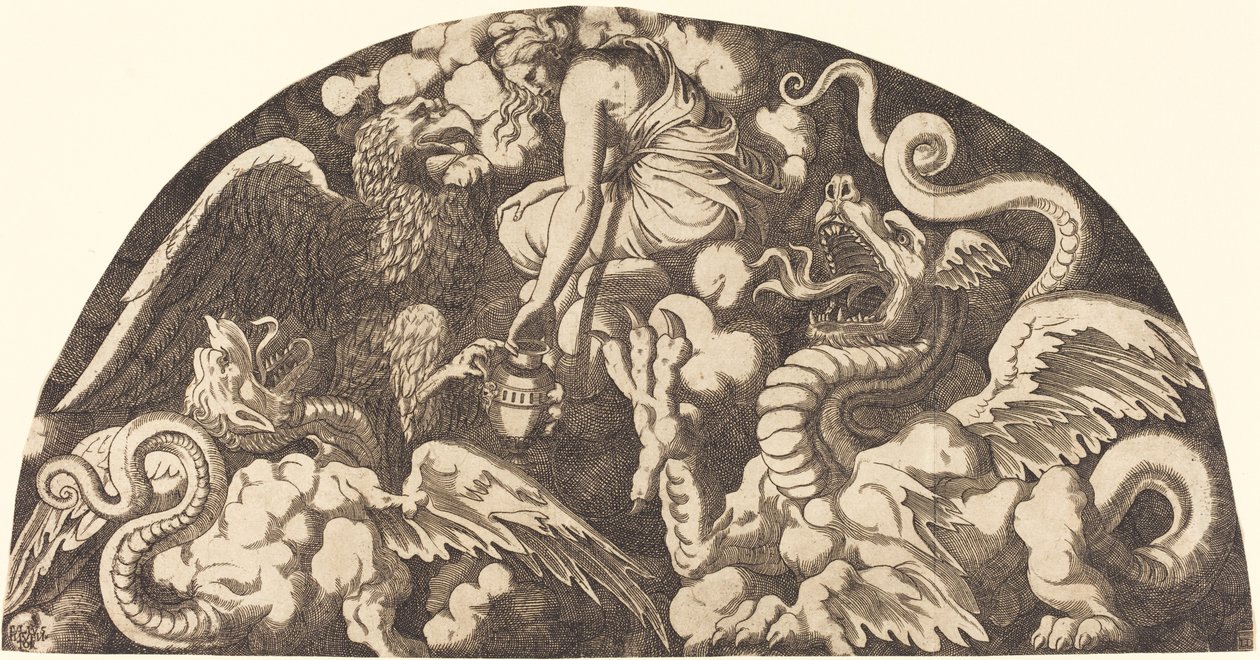 Jupiter brengt water van de Styx naar Psyche door Léon Davent after Giulio Romano