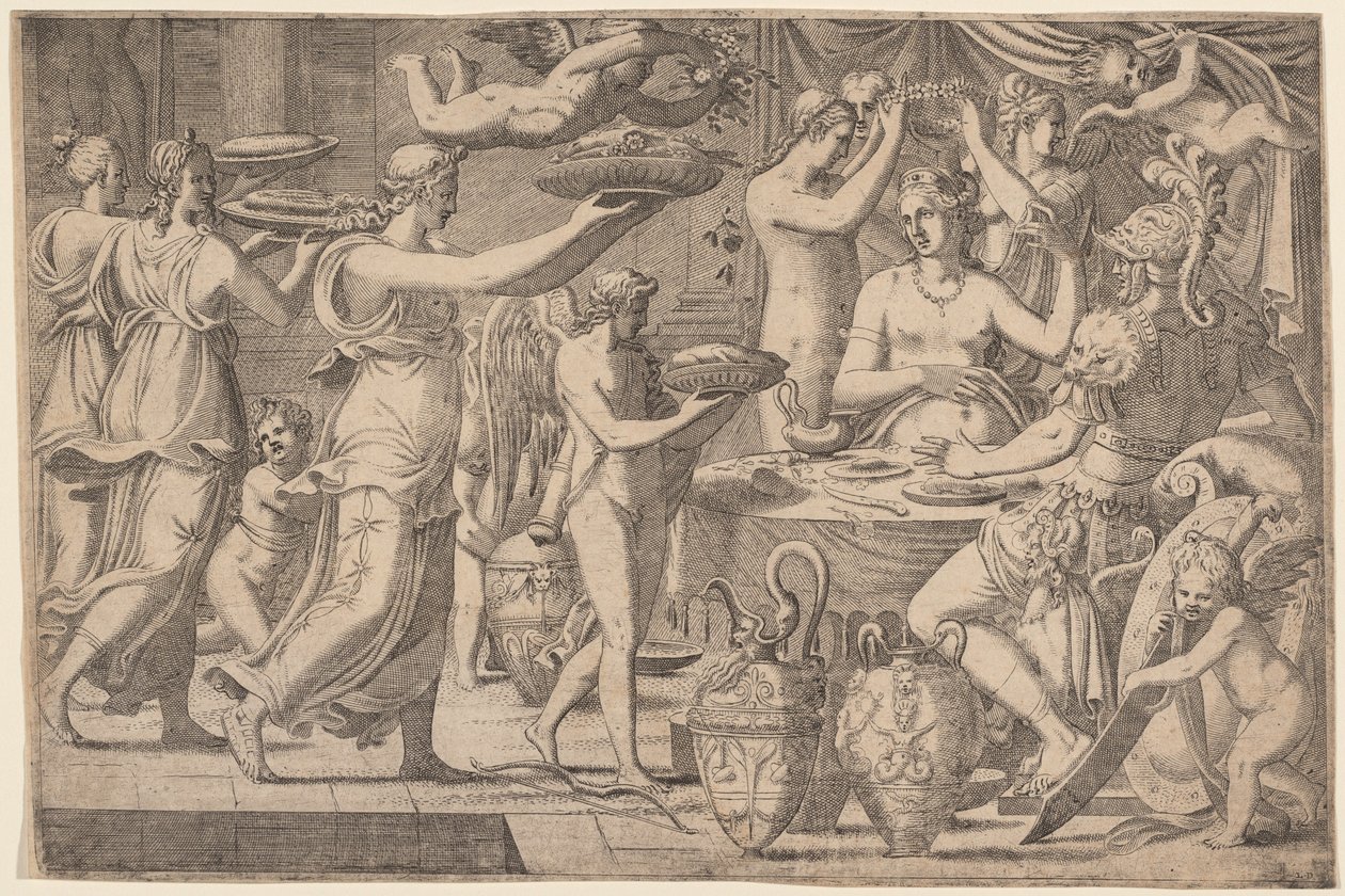 Venus en Mars bediend door Cupido en de drie Gratiën door Léon Davent, after Luca Penni