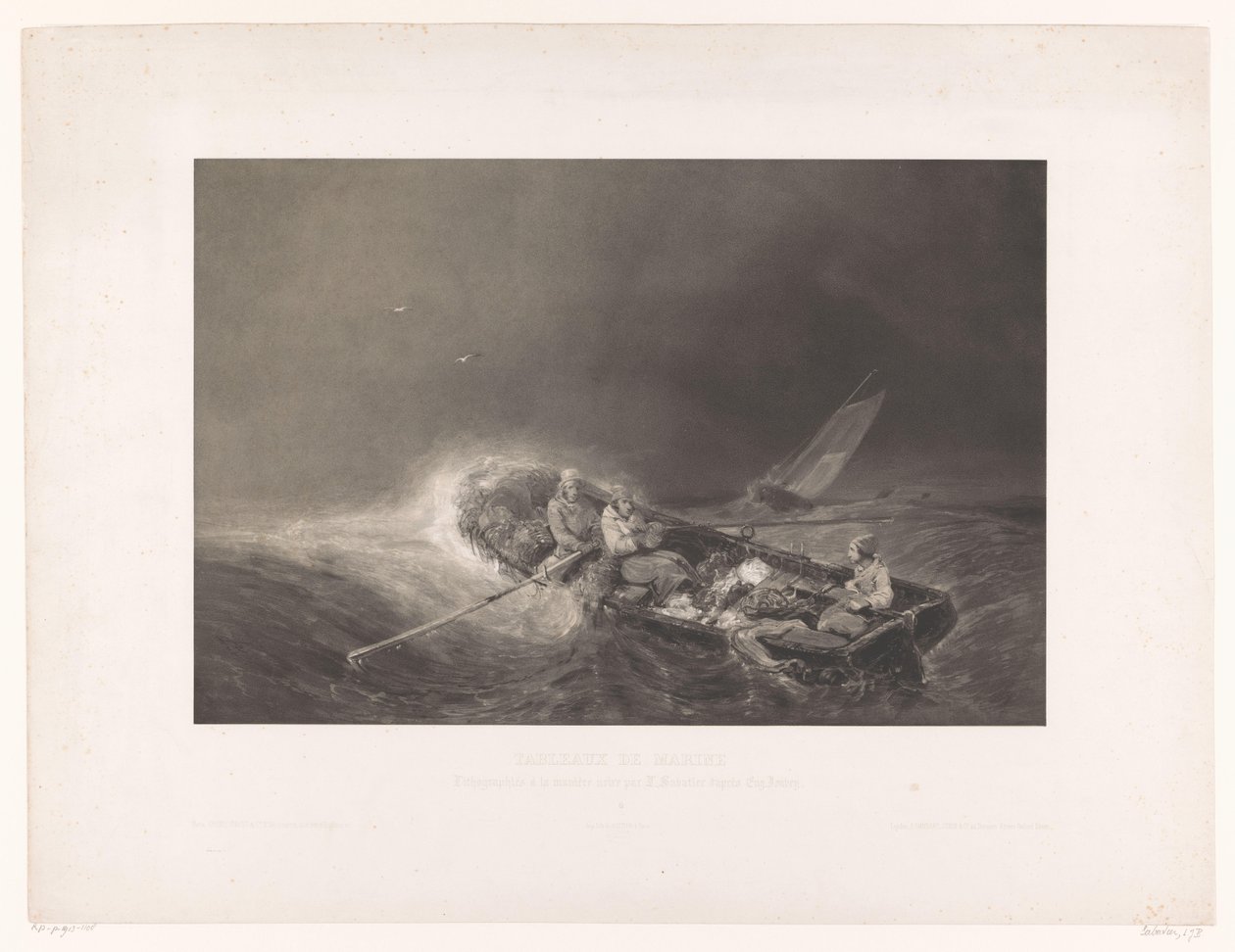 Vissers in een roeiboot op zee door Léon Jean Baptiste Sabatier
