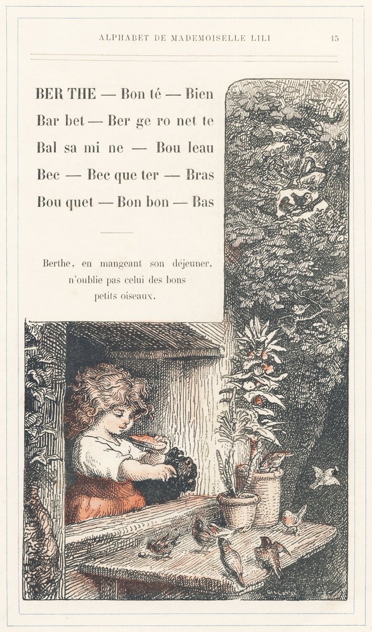 Berthe, Bonte, Bron, Barbet, Kwikstaart, Balsamine, Berk, Snavel, Bekken, Arm, Boeket, Snoep, Onderkant, pagina 15 - Alfabet door juffrouw Lili, door L. Froelich en door een vader (Hetzel zelf). Bibliotheek & Magasin d