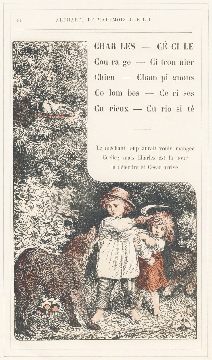 Charles, Cecile, Moed, Citroenboom, Hond, Paddenstoelen, Duiven, Kersen, Nieuwsgierig, Curiositeit, pagina 16 - Alfabet door Juffrouw Lili, door L. Froelich en door een vader (Hetzel zelf). Bibliotheek & Magazijn voor Onderwijs en Recreatie J. Hetzel & Cie door Lorentz Froelich