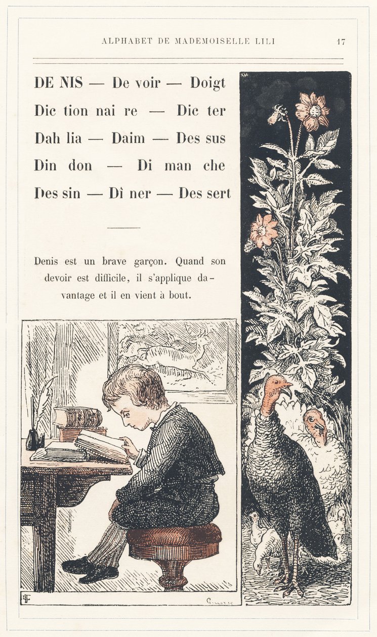 Denis, Plicht, Vinger, Woordenboek, Dicteren, Dahlia, Suède, Top, Kalkoen, Zondag, Tekening, Diner, Dessert, pagina 17 - Alfabet door juffrouw Lili, door L. Froelich en door een vader (Hetzel zelf). Bibliotheek & Magasin d