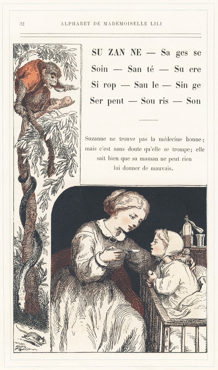 Suzanne, Wijsheid, Zorg, Gezondheid, Suiker, Siroop, Wilg, Aap, Slang, Muis, Geluid, pagina 32 - Alfabet door Mademoiselle Lili, door L. Froelich en door een vader (Hetzel zelf). Bibliotheek & Magasin d
