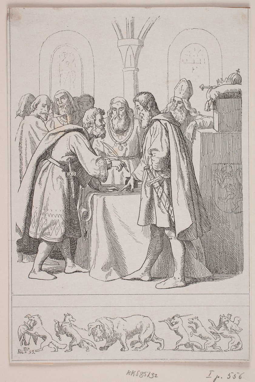 Illustratie voor "Kristoffer de tweede. De volledige ontbinding van het rijk" door Lorenz Frølich