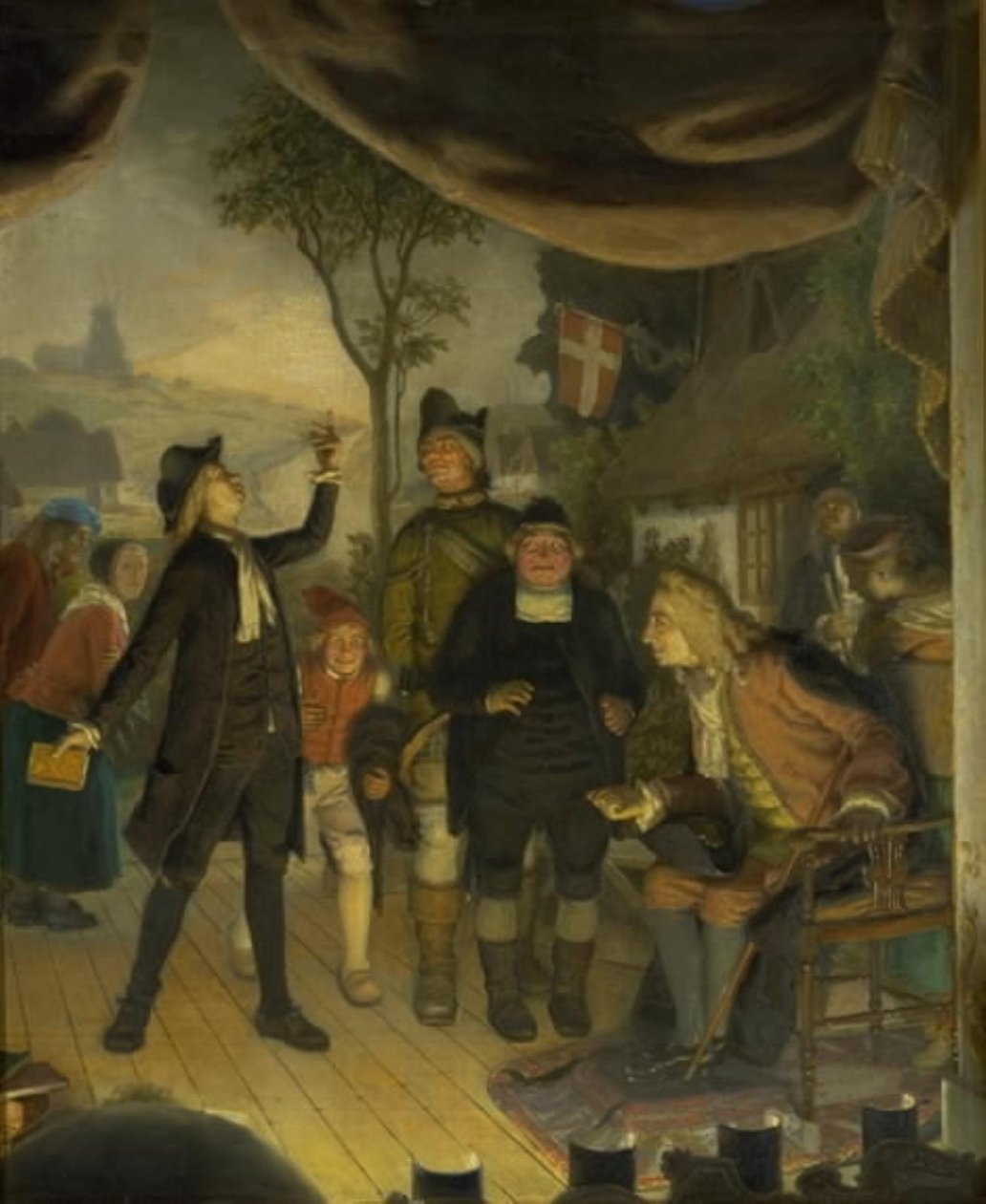 Ludvig Holberg woont een repetitie bij van zijn toneelstuk Erasmus Montanus, Act IV, Scène 2 door Lorenz Frølich