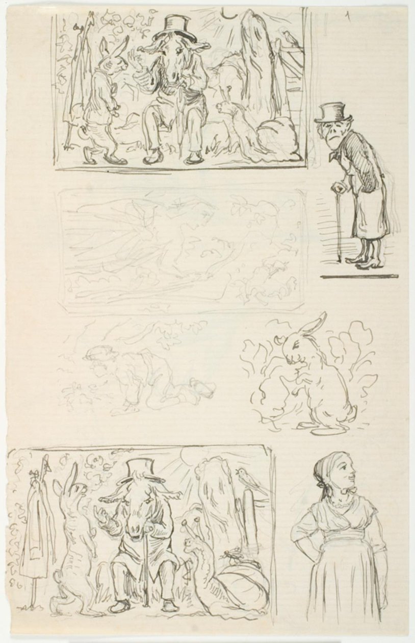 Zeven ontwerpen, waaronder voor H.C. Andersens De snelle lopers, De slak en de rozenhaag en Anne Lisbeth door Lorenz Frølich