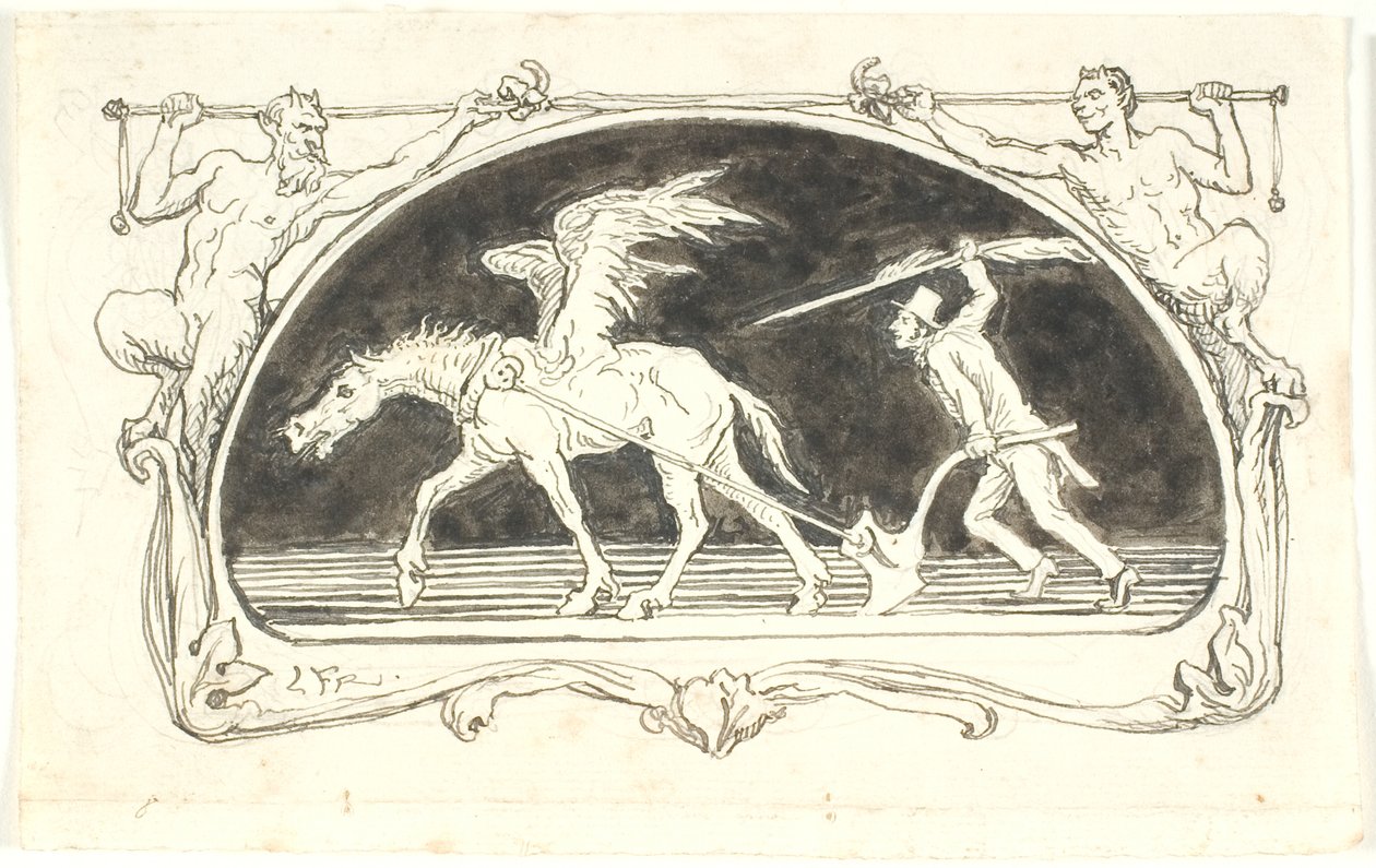 Vignet met een uitgeputte Pegasus voor een ploeg, aangedreven door een man met hoge hoed, gewapend met een grote pen door Lorenz Frølich