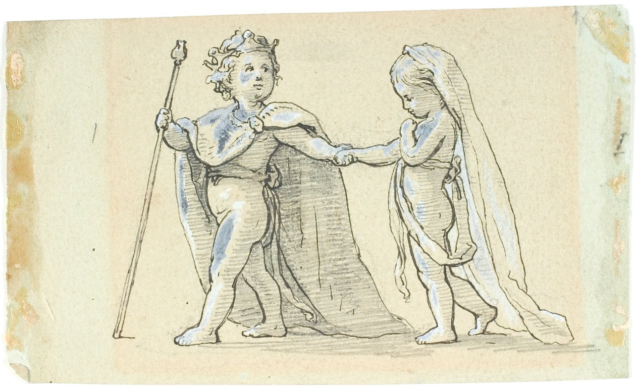 Vignet met spelende kinderen, als koning en koningin door Lorenz Frølich