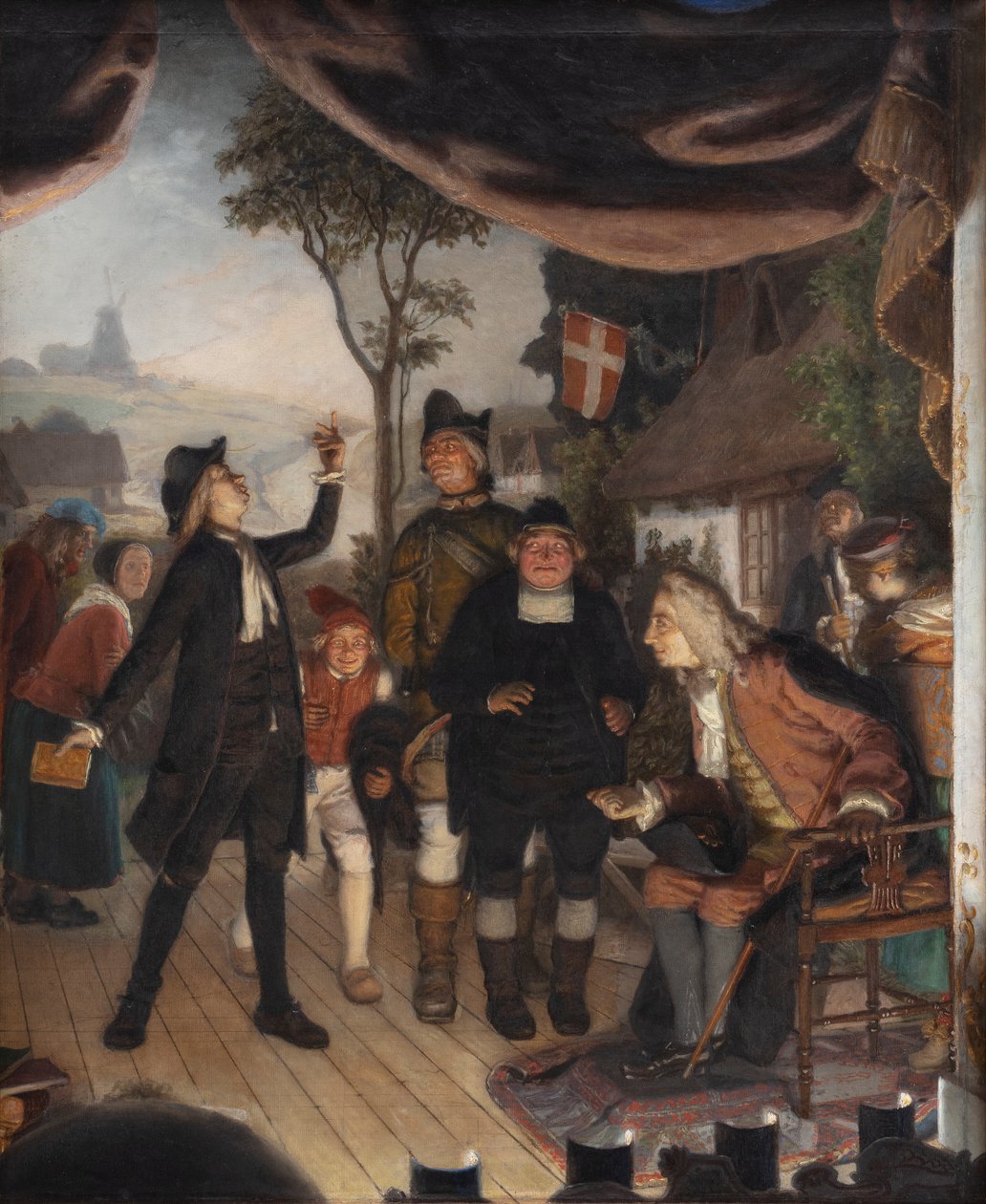 Ludvig Holberg woont een repetitie bij van zijn toneelstuk Erasmus Montanus, Act IV, Scène 2 door Lorenz Frølich