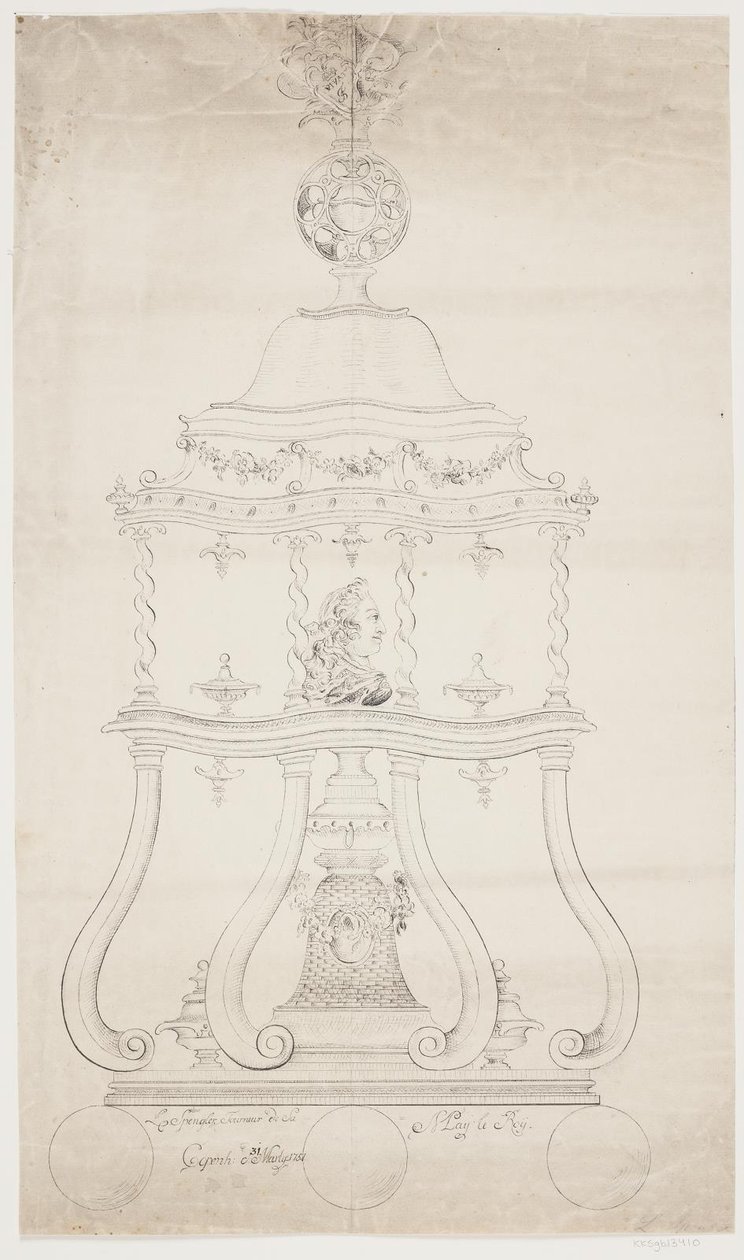Ontwerp voor een gedraaide standaard met buste van Frederik V door Lorenz Spengler