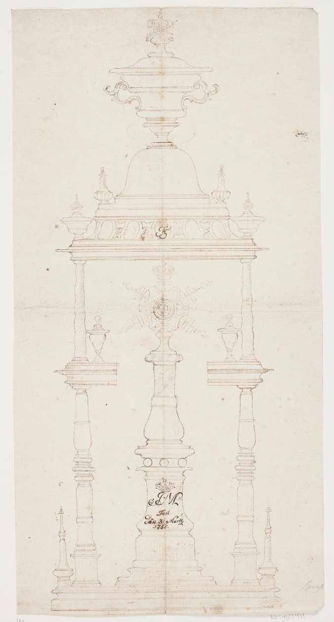 Ontwerp voor een gedraaide standaard met de initialen van koningin Juliane Marie door Lorenz Spengler