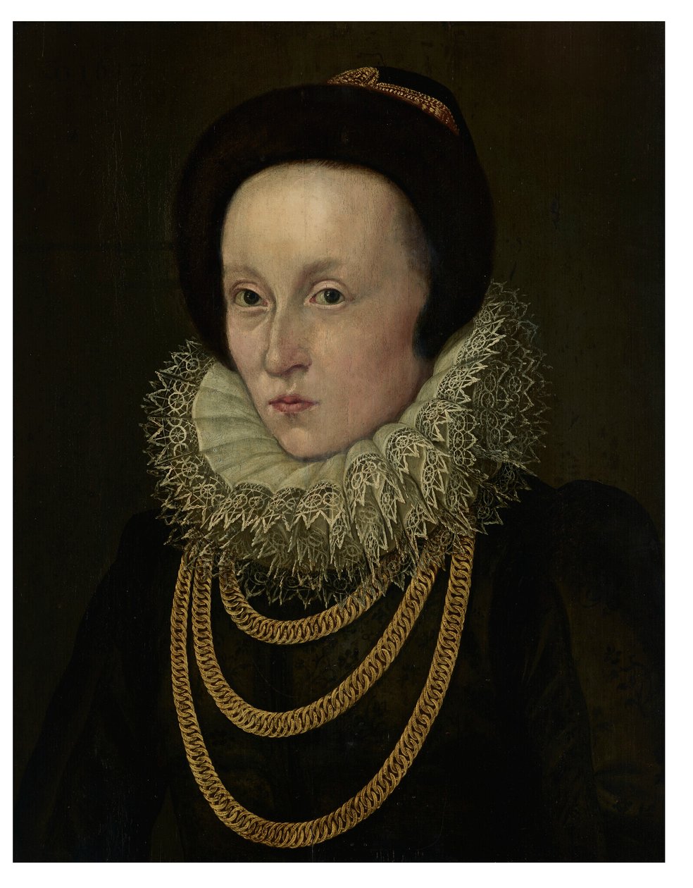 Portret van een vrouw, borstlengte, met een kanten kraag en gouden kettingen door Lorenz Strauch