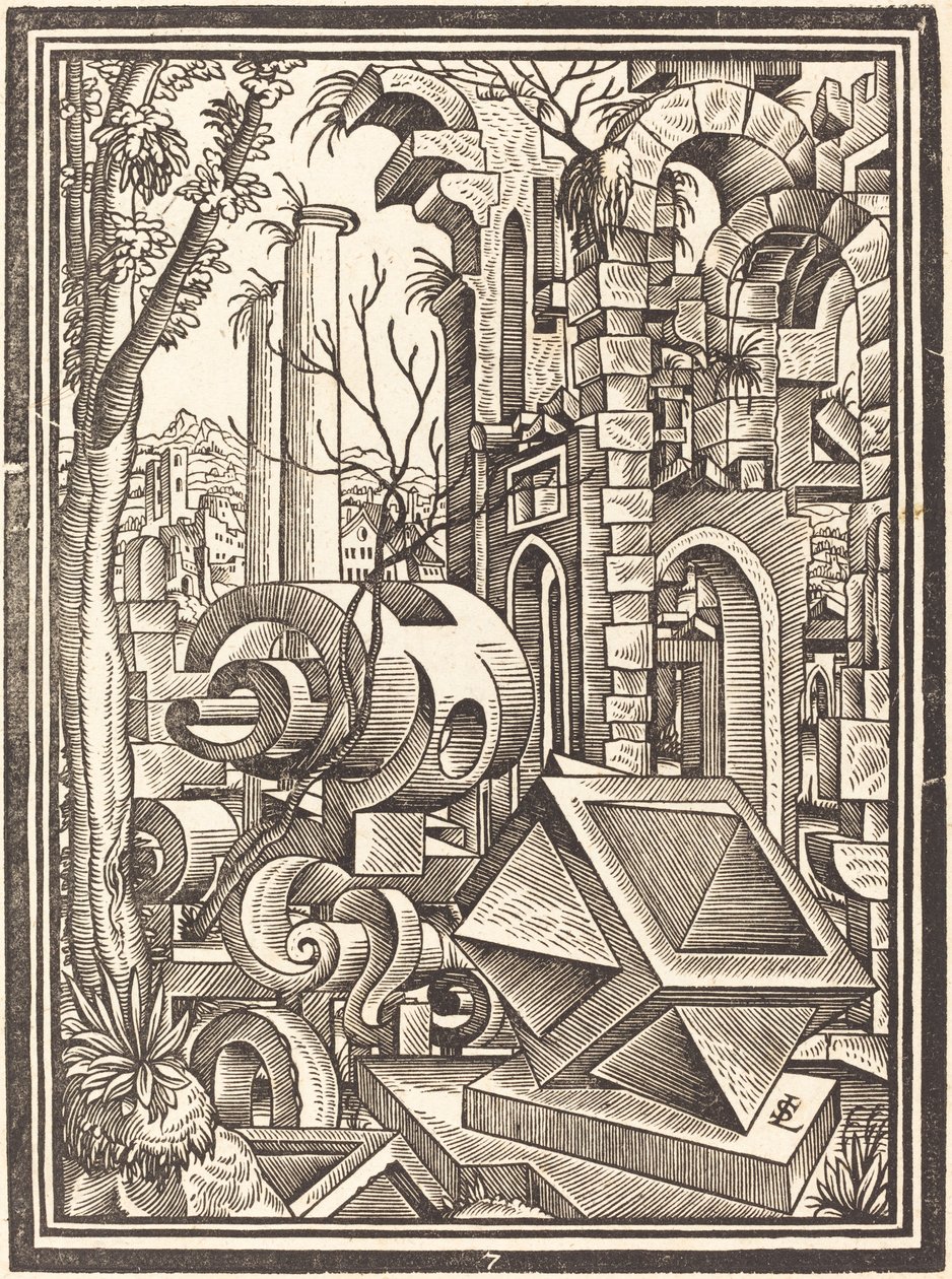 Fantasie van perspectivische vormen tussen ruïnes door Lorenz Stör