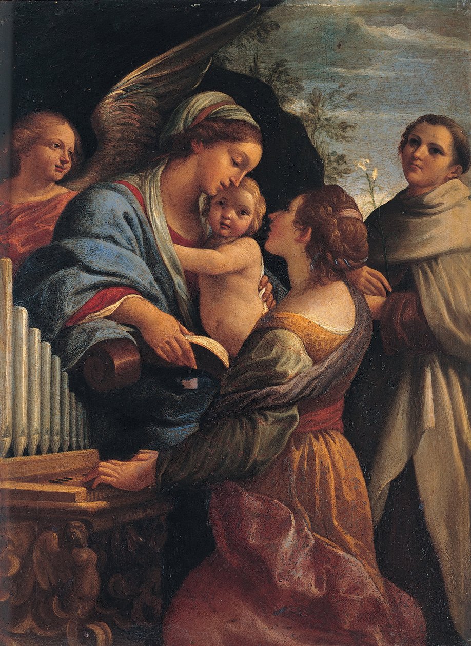 Madonna met het Kind, Sint Cecilia en Sint Albert door Lorenzo Garbieri