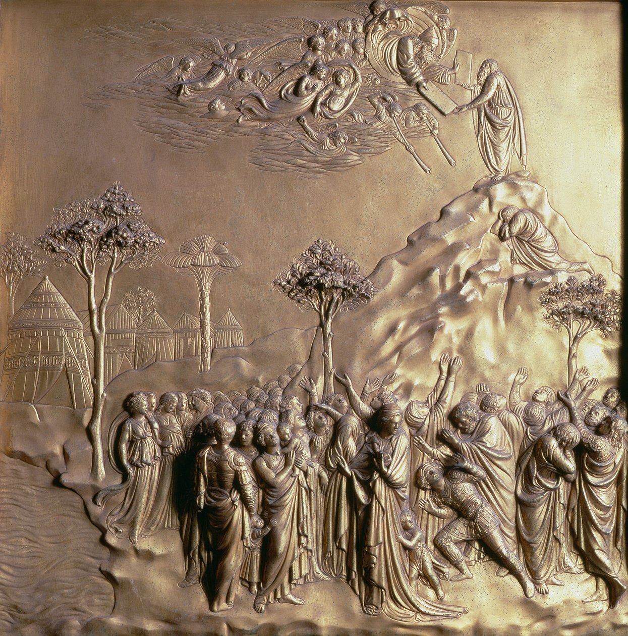 Mozes ontvangt de tafelen van de wet, een van de tien reliëfpanelen van de Poorten van het Paradijs (Oostdeuren), 1425-52 door Lorenzo Ghiberti