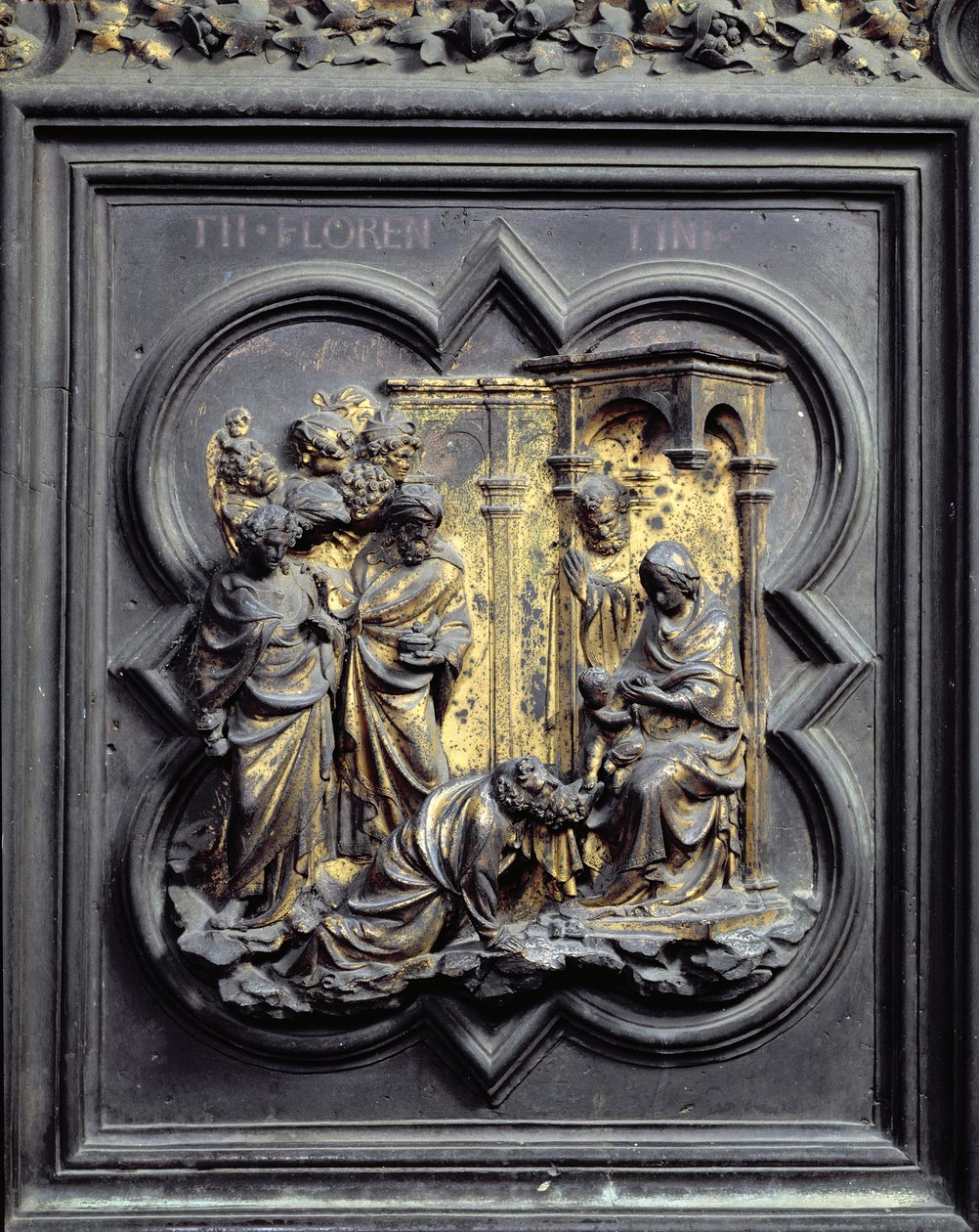 De Aanbidding der Wijzen, derde paneel van de Noorddeuren van het Baptisterium van San Giovanni, 1403-24 door Lorenzo Ghiberti