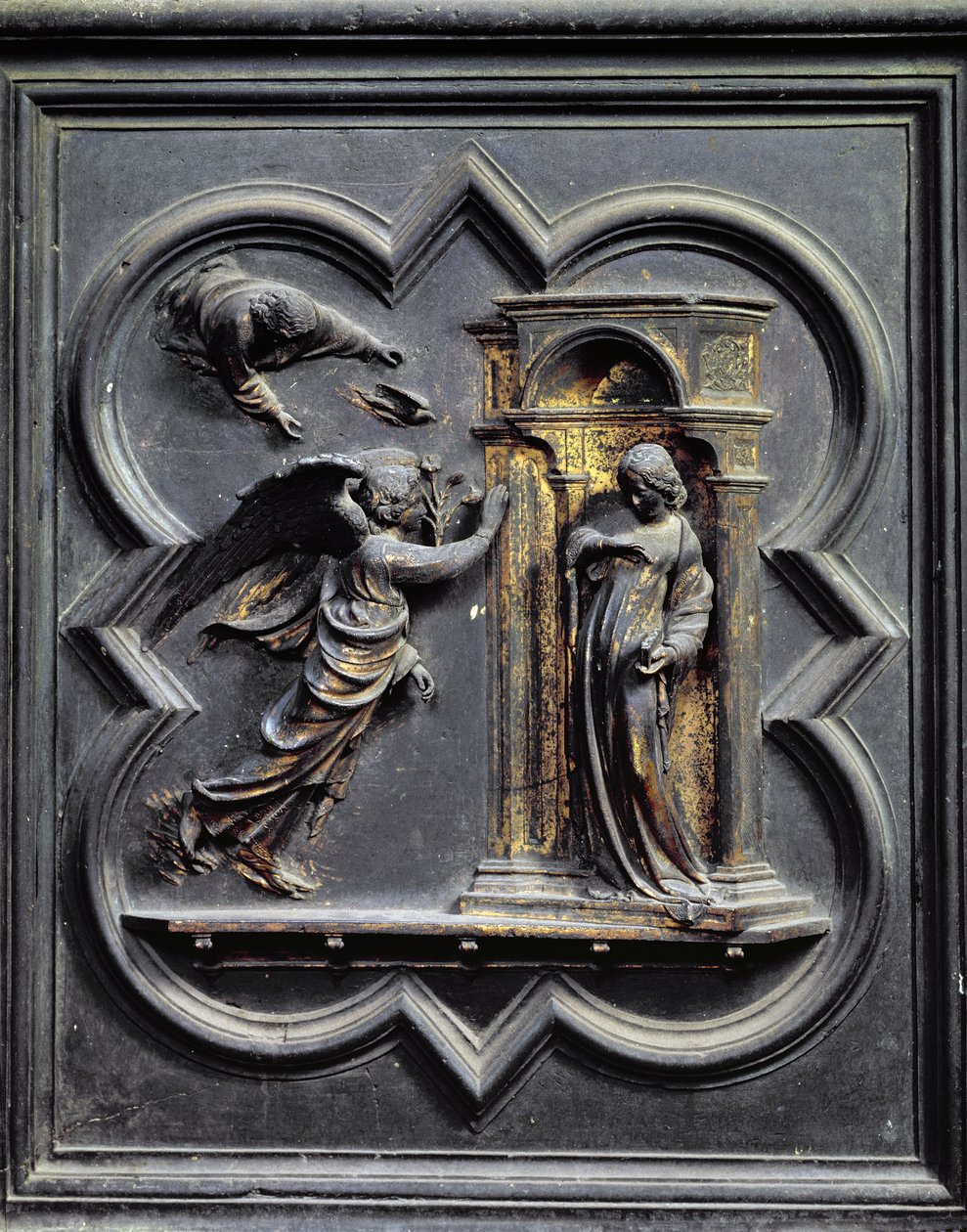 De Annunciatie, eerste paneel van de noorddeuren van het Baptisterium van San Giovanni, 1403-24 door Lorenzo Ghiberti