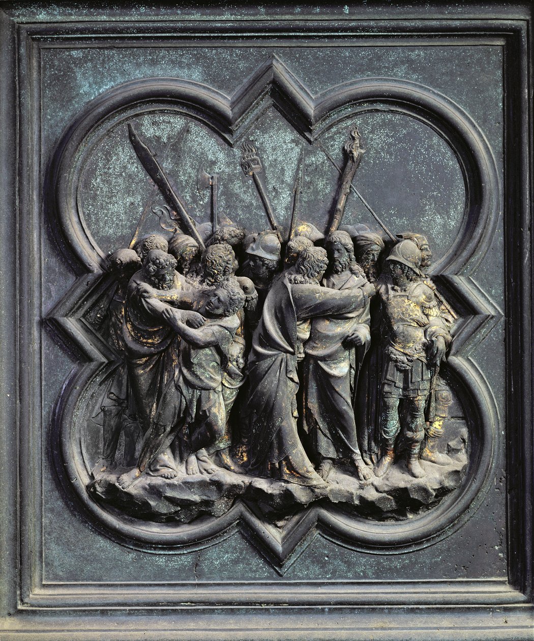 De Gevangenneming van Christus, veertiende paneel van de Noorddeuren van het Baptisterium van San Giovanni, 1403-24 door Lorenzo Ghiberti