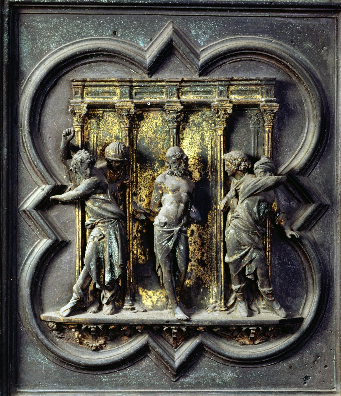 De geseling van Christus, vijftiende paneel van de Noorddeuren van de Baptisterium van San Giovanni, 1403-24 (brons) door Lorenzo Ghiberti