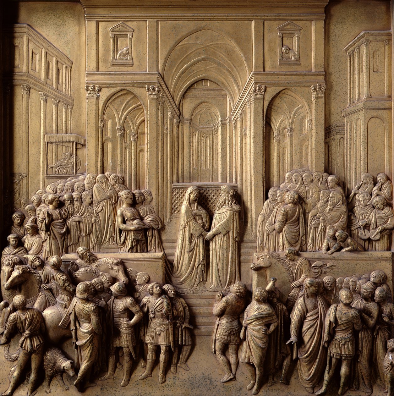 De Ontmoeting van Koning Salomo en de Koningin van Sheba, een van tien reliëfpanelen van de Poorten van het Paradijs (Oostdeuren), 1425-52 door Lorenzo Ghiberti