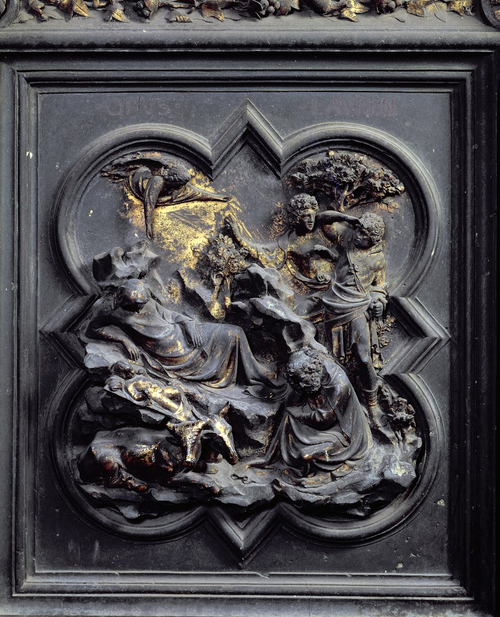 De Geboorte, tweede paneel van de Noorddeuren van de Baptisterium van San Giovanni, 1403-24 door Lorenzo Ghiberti