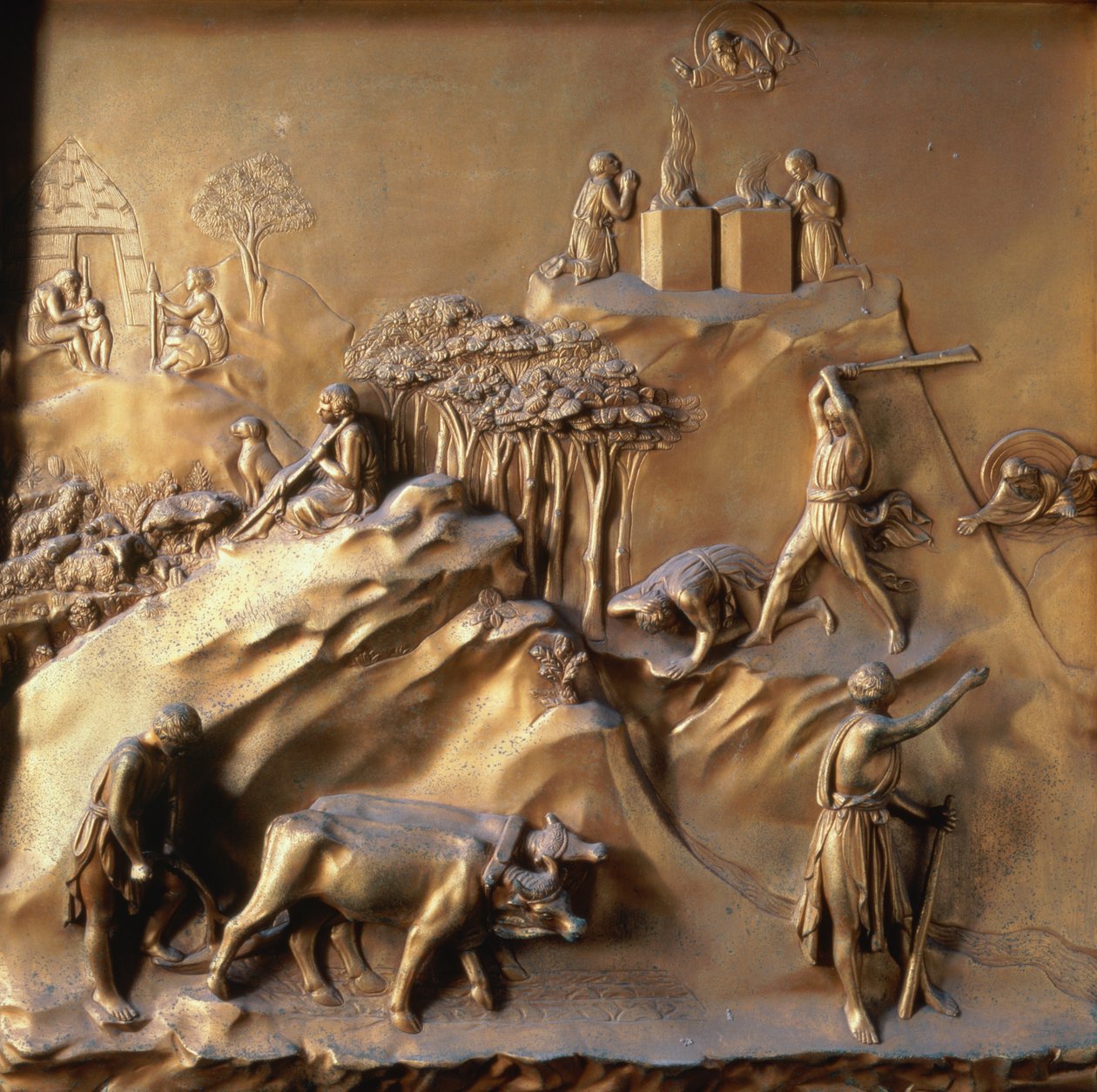 Het verhaal van Kaïn en Abel: Het offer, de moord op Abel en God die Kaïn verbant, een van de tien reliëfpanelen van de Poorten van het Paradijs (oostdeuren), 1425-52 (verguld brons) door Lorenzo Ghiberti