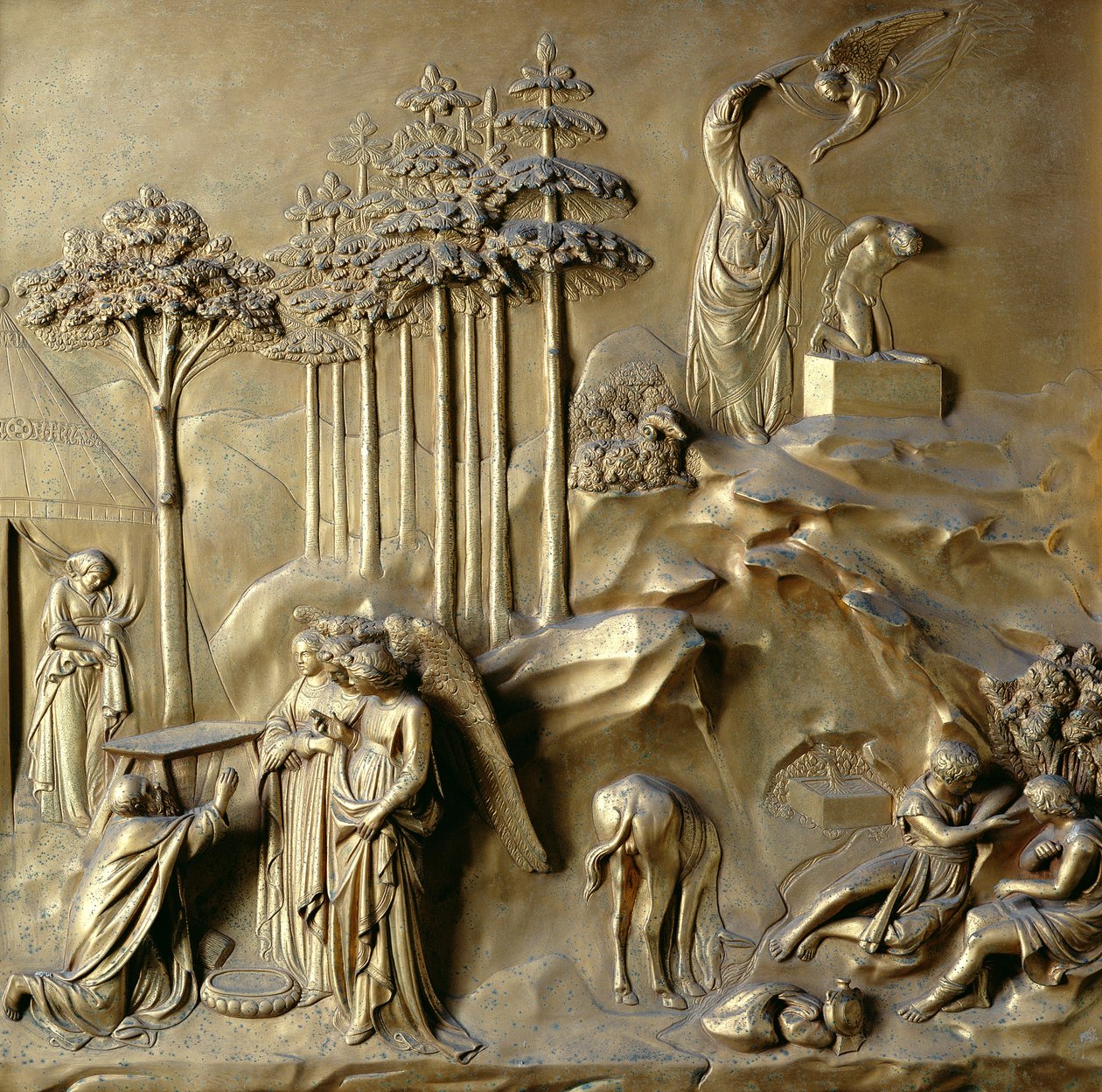 Het verhaal van Isaac: Engelen voorspellen de geboorte van Isaac en de engel die Abrahams zwaard tegenhoudt, een van de tien reliëfpanelen van de Poorten van het Paradijs (Oostdeuren), 1425-52 door Lorenzo Ghiberti