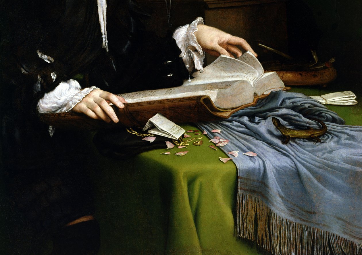 Portret van een heer in zijn studeerkamer, 1528-30 (detail) (na restauratie) door Lorenzo Lotto