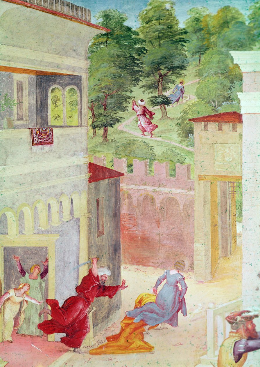 Scènes uit het Leven van St. Barbara, detail van St. Barbara die door haar vader wordt bedreigd, ca. 1523-24 door Lorenzo Lotto