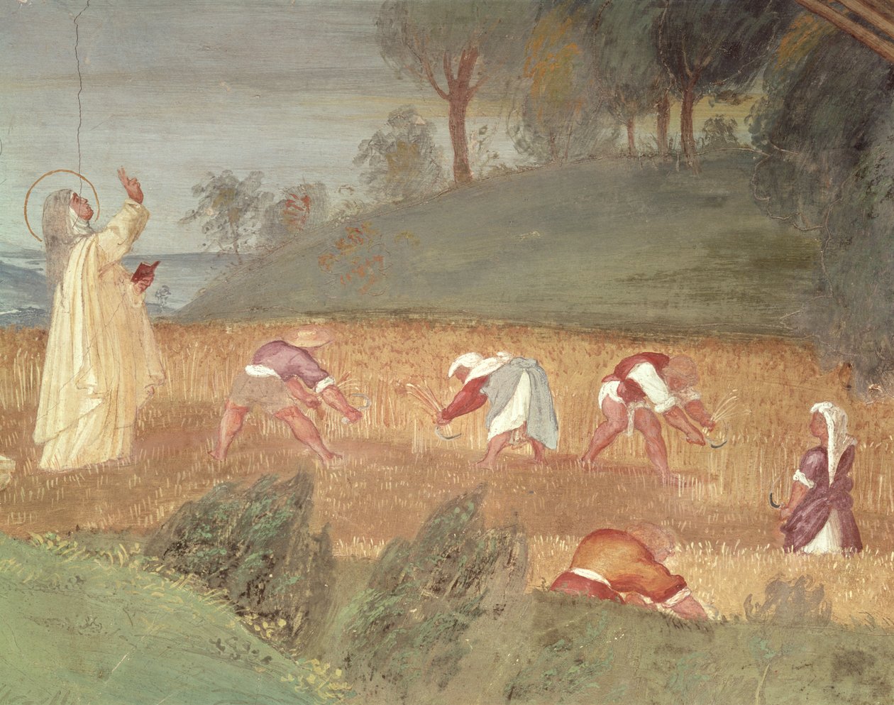 De wonderen van St. Clara van Assisi, detail van St. Clara die de oogst zegent, 1523-24 door Lorenzo Lotto