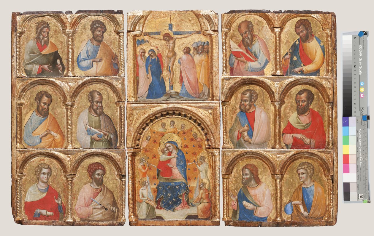 Madonna en Kind met Engelen, de Kruisiging, en Twaalf Apostelen of Heiligen door Lorenzo Veneziano