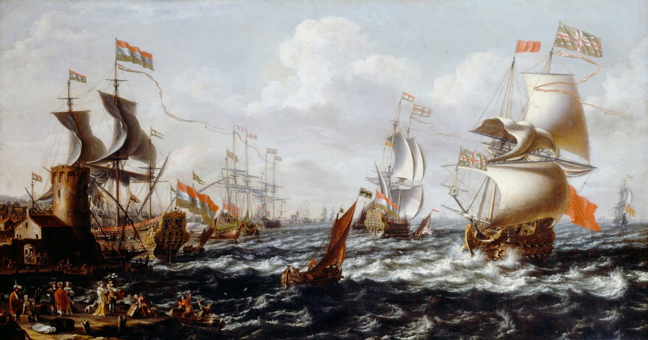 Schepen in Woest Water bij een Mediterrane Haven door Lorenzo a Castro