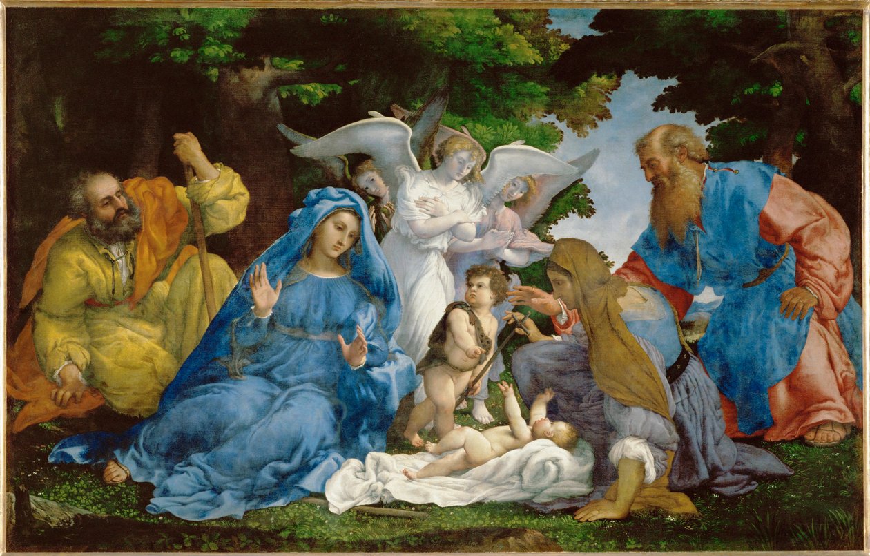De Heilige Familie met drie engelen, de jonge Johannes ... door Lorenzo (workshop of) Lotto