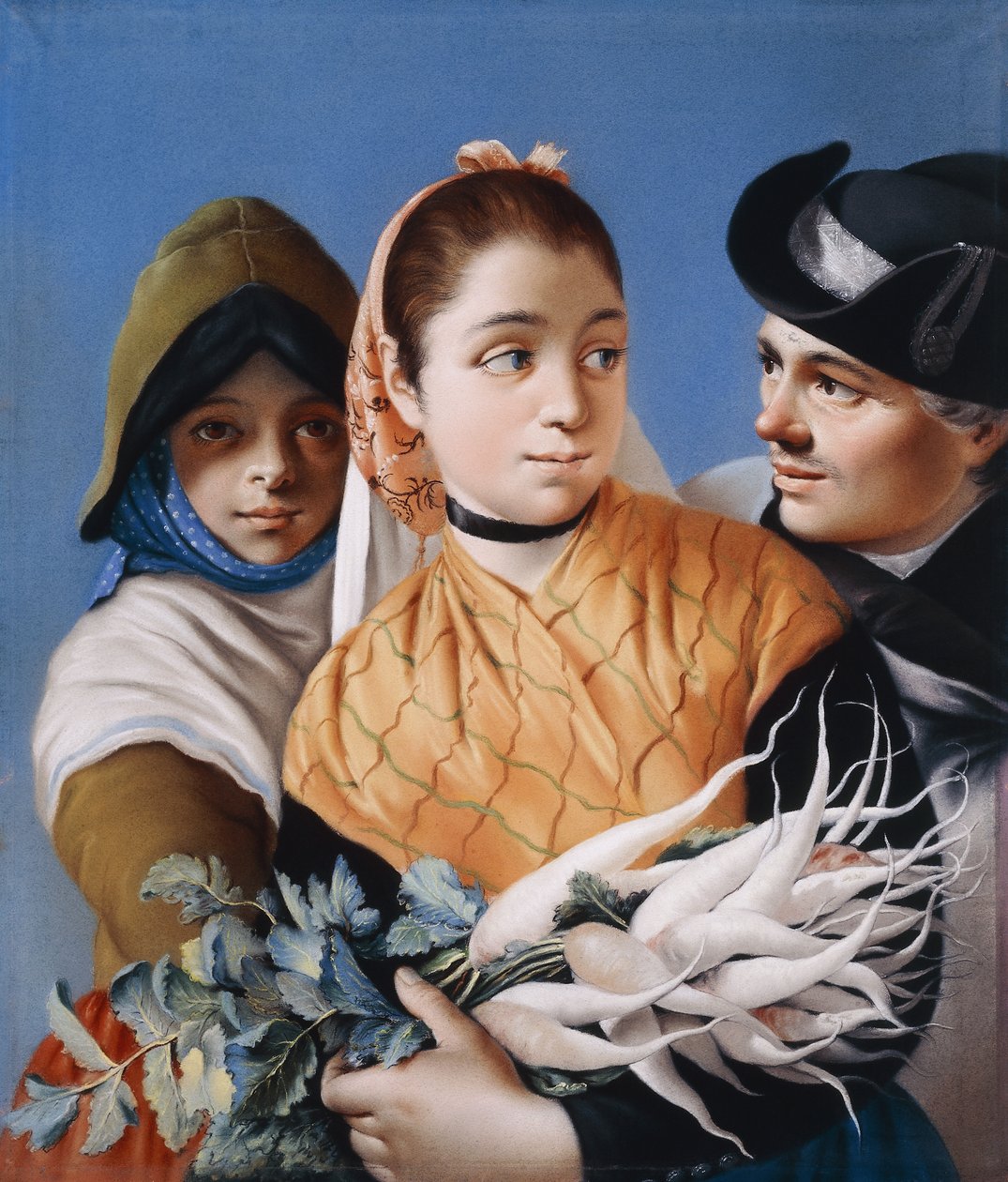 Een Meisje in een Oranje Sjaal met Rapen, een Meisje in een groene Hoed en Jurk en een Heer in een zwarte Driekantige Hoed door Lorenzo Baldissera Tiepolo