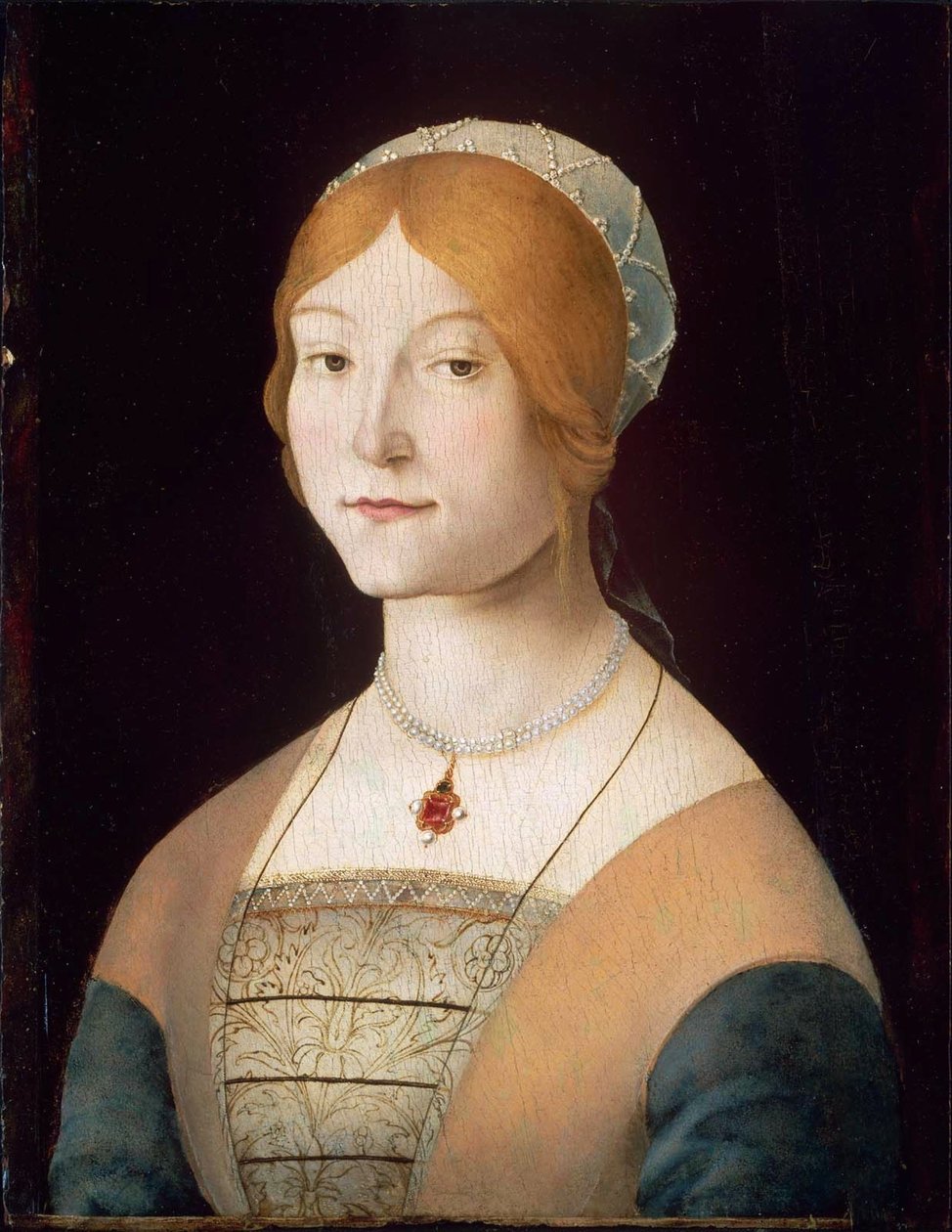 Italiaans: Portret van een vrouw met een parelketting Portret van een vrouw met een parelketting door Lorenzo Costa