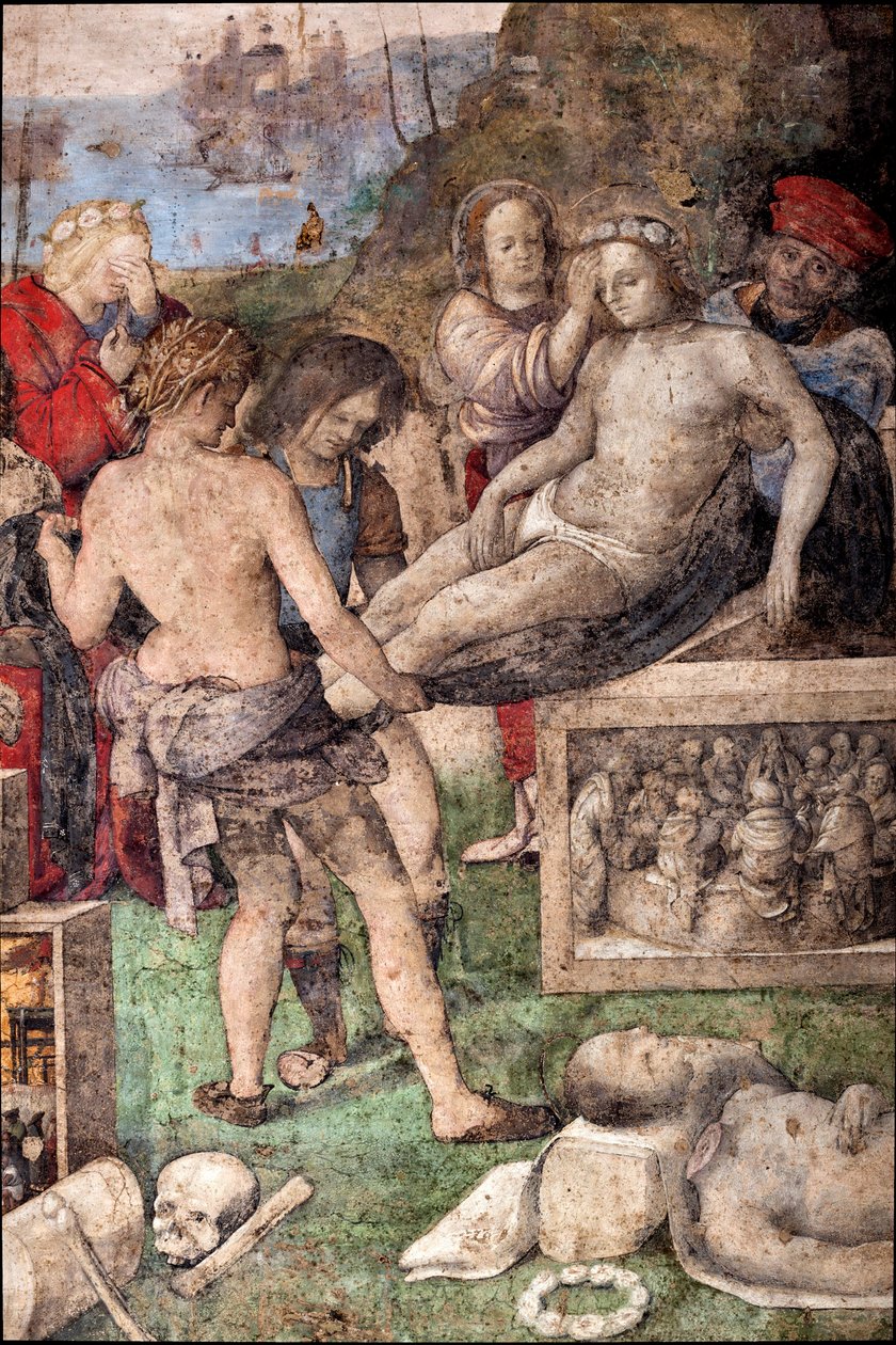 Leven van St. Cecilia: Begrafenis van St. Valerian en St. Tiburtius (detail) door Lorenzo Costa