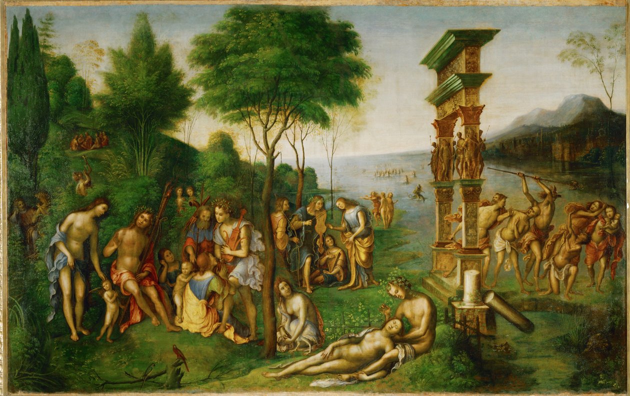 Mercurius vecht tegen de ondeugden in Olympus ... door Lorenzo Costa