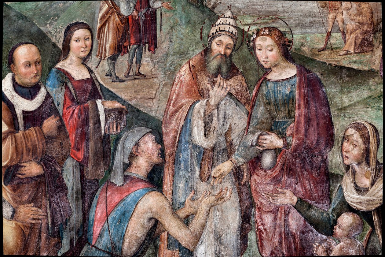 Sint Cecilia geeft haar bezittingen aan de armen (detail) door Lorenzo Costa
