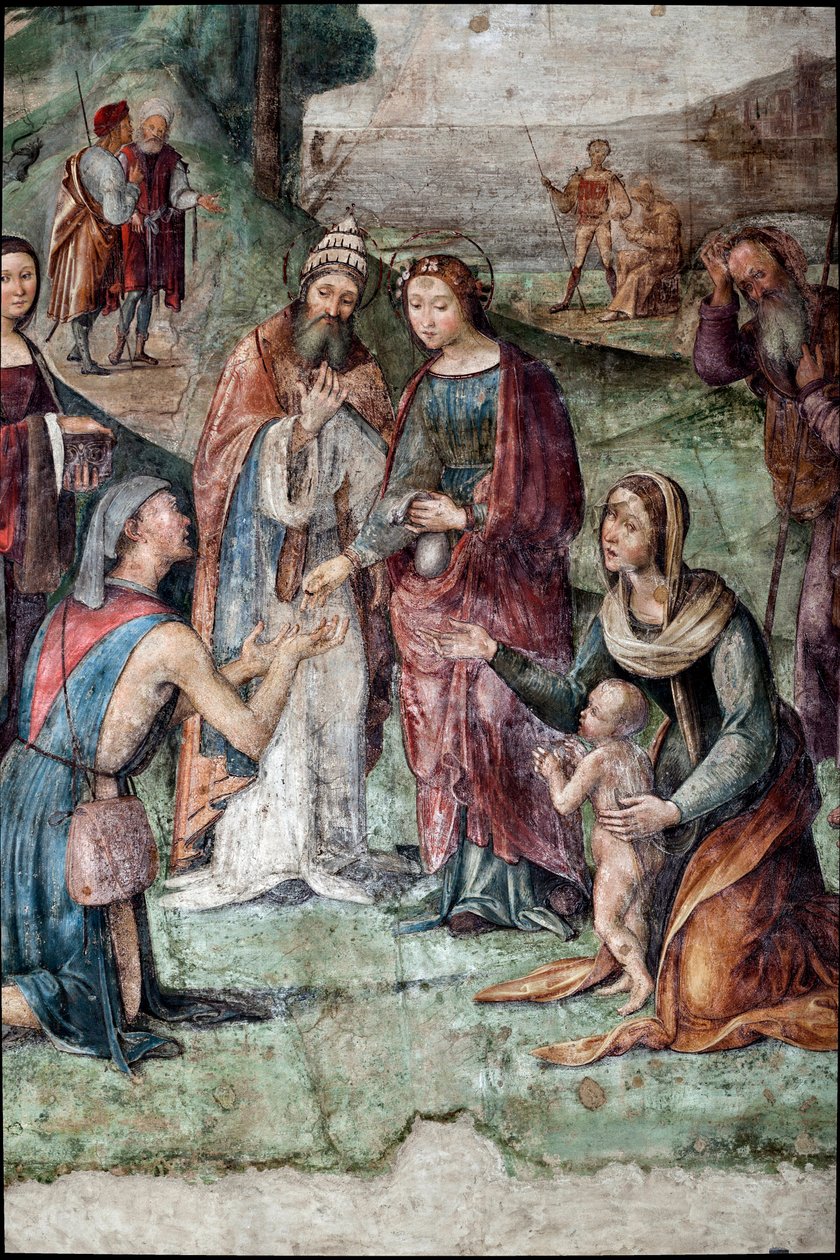 Saint Cecilia geeft haar bezittingen aan de armen (detail) door Lorenzo Costa